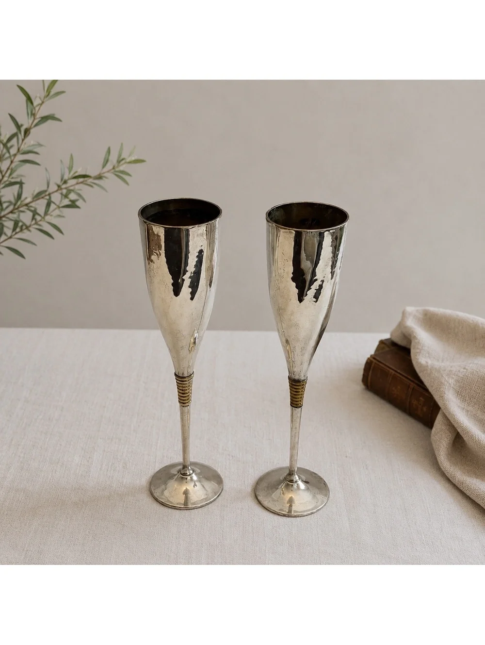 Vintage Silver Plated Champagne Flutes Pair Toasting Goblets Wedding Bar Decor